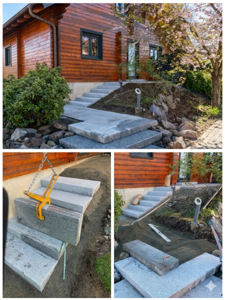 Aménagement d'escalier extérieur en bloc marche granit et pose de dalles à Ergersheim dans le Bas-Rhin