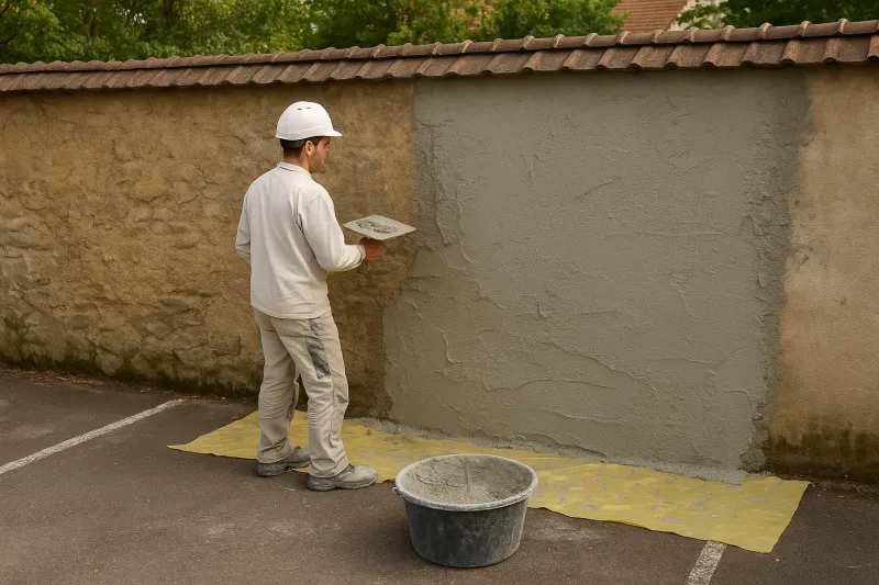 Réfection traditionnelle de mur en crépi mortier chaux-ciment sur parking communal à Avolsheim (67120) dans le Bas-Rhin