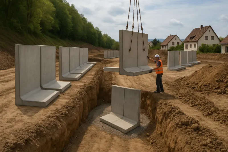 Pose d’éléments L en béton armé pour soutènement sur trois zones distinctes à Mutzig (67190) dans le Bas-Rhin