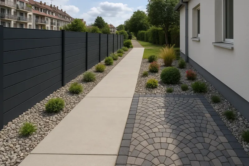 Aménagement de passage bétonné, pavage décoratif et clôture composite aluminium à Strasbourg Neudorf (67100) dans le Bas-Rhin