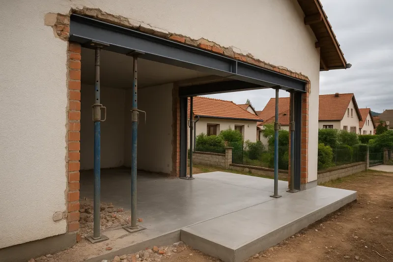 Ouverture de murs porteurs avec poutres HEB et dalle béton pour terrasse à Rosheim par BK Rénovation